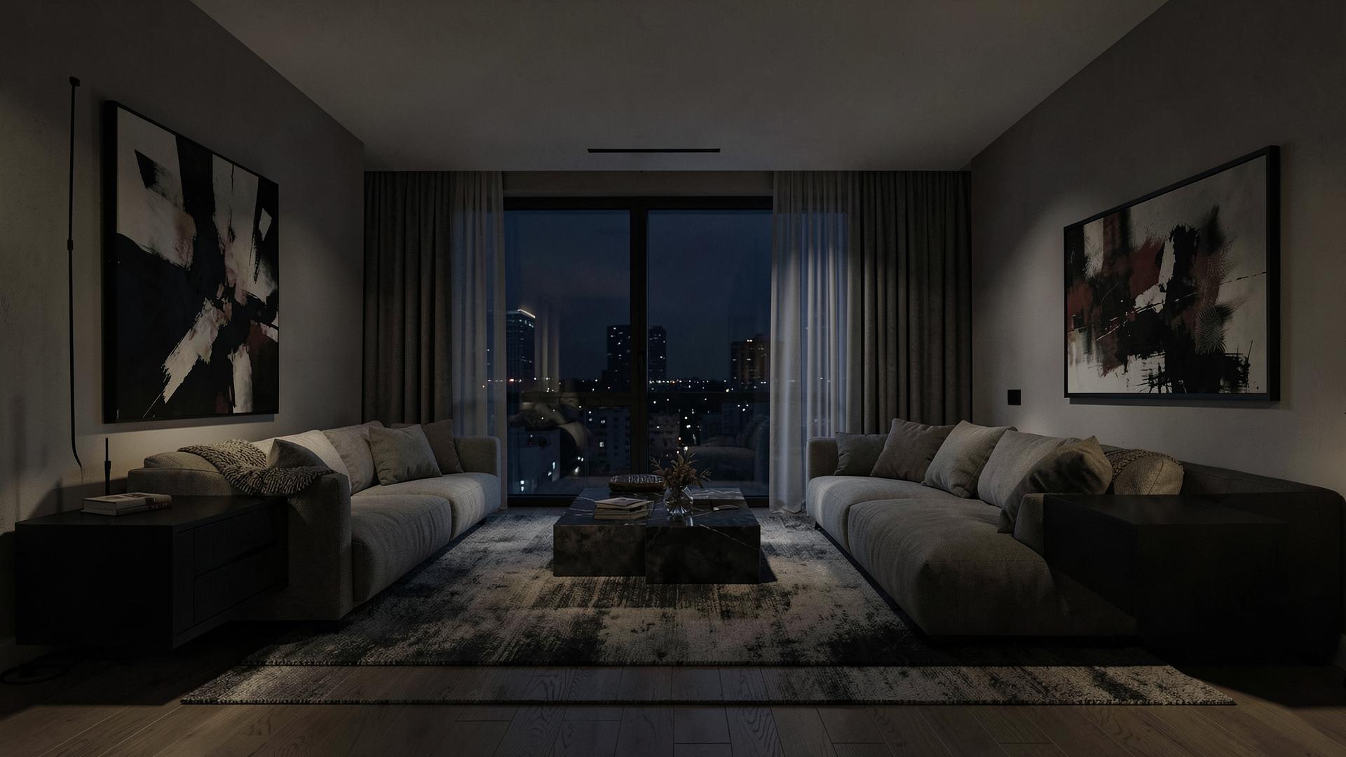 Ambiente residencial planejado com iluminação noturna
